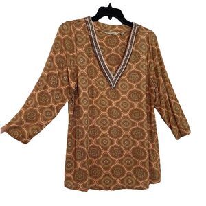 Soft Surroundings Lillia Beaded V Neck Tunic Top Orange Print Petite - LP